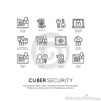 Logo Set of Cuber Security, Secure Access, Network Protection and Privacy Vector Illustration