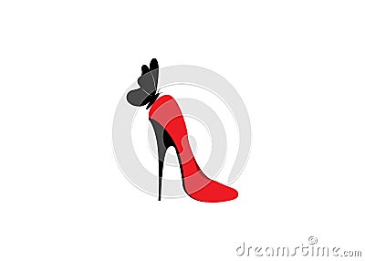 Logo shoe store, shop, fashion collection, boutique label. Company logo design. Red high heel shoes with butterfly, isolate Vector Illustration
