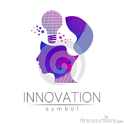 Logo sign of innovation in science. Lamp symbol and human head for concept, business, technology, creative idea, web Vector Illustration