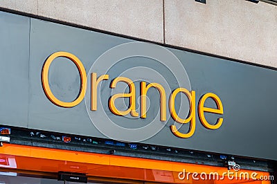 Logo and sign of Orange mobile company belong to French multinational telecommunications corporation. Editorial Stock Photo