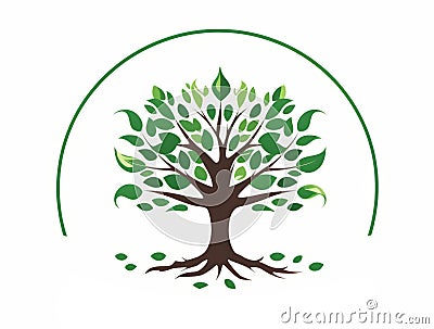 Logo of a simple tree with pointed leaves and a semicircle surrounding it, with some leaves next to the roots. Concept of natural Stock Photo