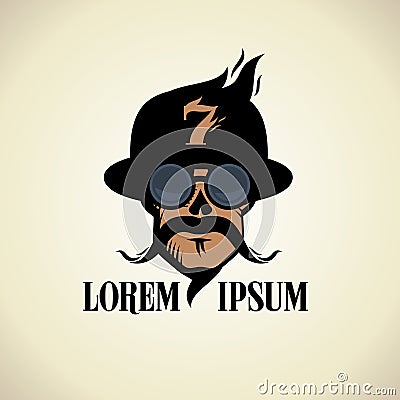 Logo with skull dressed in bowler hat and steampunk goggles glasses. Vector Illustration