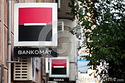 Logo of Societe Generale on one of their branches also called Societe generale Srbija indicating an ATM Bankomat Editorial Stock Photo