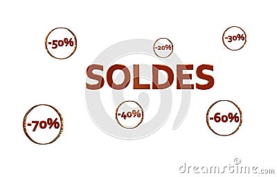 Logo Soldes Rouge avec rÃ©ductions dans des cercles dorÃ©s Stock Photo