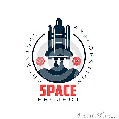 Logo of spacecraft launch. Space exploration and adventure. Rocket symbol. Abstract label in flat style. Vector element Vector Illustration