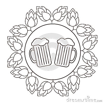 Logo or stamp Oktoberfest with the image of hops and beer mugs. Vector Illustration