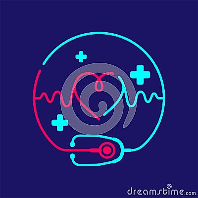 Logo Stethoscope and heartbeat wave in circle frame with cross icon, Medical doctor take care concept design illustration blue, Vector Illustration