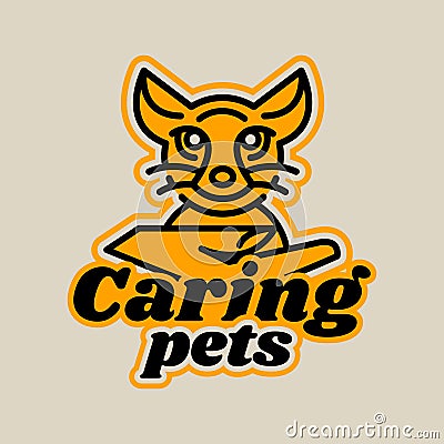 Logo on the subject of caring for pets. Kitten sitting in a hand. A small animal. Vector illustration. Line style. Vector Illustration