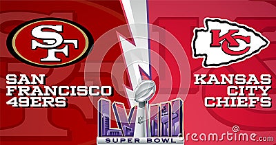 Logo of Super Bowl LVIII and finalist teams San Francisco 49ers and Kansas City Chiefs Editorial Stock Photo
