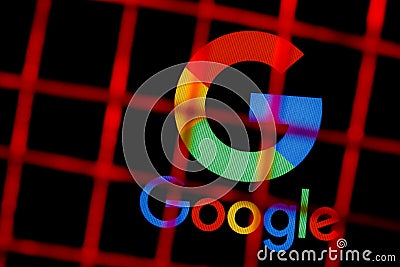 The logo of the technology company Google behind bars. The concept of Google censorship and prohibition Editorial Stock Photo