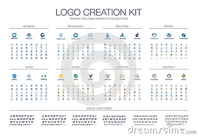 Logo template creation kit. Fonts collection. Abstract business people, finance technology, industry icon set. Nature Vector Illustration