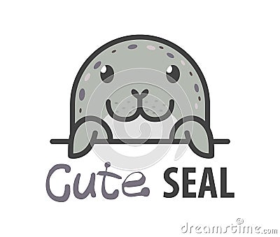 Logo template with cute curious harbor seal. Vector logo design arctic animal template for zoo, veterinary clinics, etc. Cartoon Vector Illustration