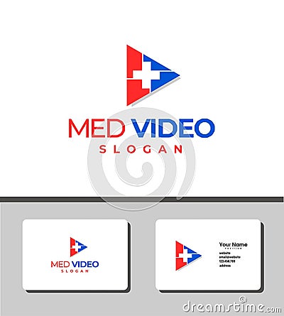 Logo template design that combines play button and red cross icon Vector Illustration