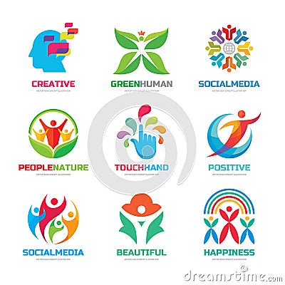 Logo template vector set collection - creative illustrations. Human character, social media people, hand touch, flower and Vector Illustration