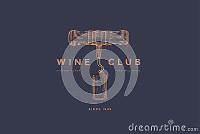 Logo template of wine club with image corkscrew and wine cork on dark blue background. Vector Illustration