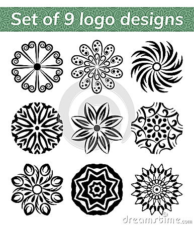 Logo templates for spa and yoga center. Mandala set. Indian antistress medallion. Collection of relax symbols. Abstract henna Vector Illustration