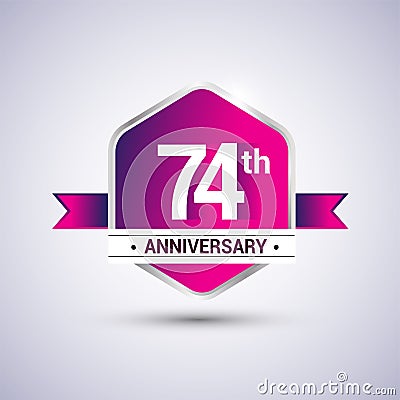 Logo 74th anniversary celebration isolated in red hexagon shape and red ribbon colored, vector design Stock Photo