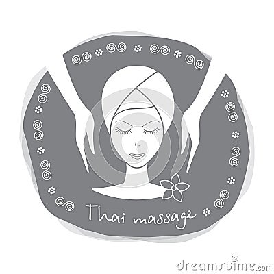 Logo thai massage. Face massage of a beautiful girl. Face of a beautiful girl and hands. Vector Illustration