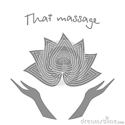 Logo thai massage. Stylized lotus flower and hands. Authentic Thai massage. Vector Illustration