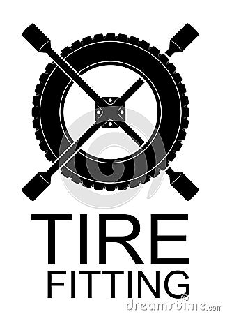 Logo for tire fitting, car service or tire shop. Black simple emblem of the tire and the spanner. Vector Illustration