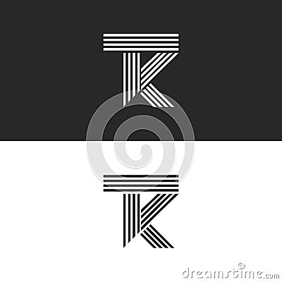 Logo TK letters monogram linear style, combination overlapping two letters T and K . Black and white parallel lines KT minimal Vector Illustration