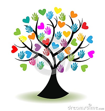 Logo tree hands and hearts Vector Illustration