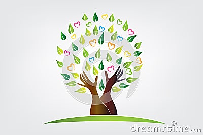 Logo tree with protective hands symbol icon Vector Illustration