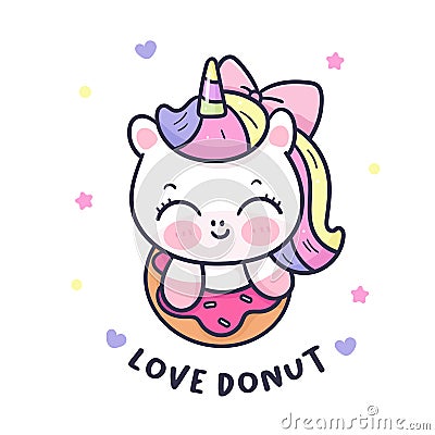 Logo Unicorn cartoon Pegasus Pony in sweet donut character Stock Photo