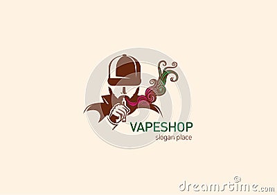 Logo for vape shop Man in the hood with the electronic cigarette. Vector Illustration