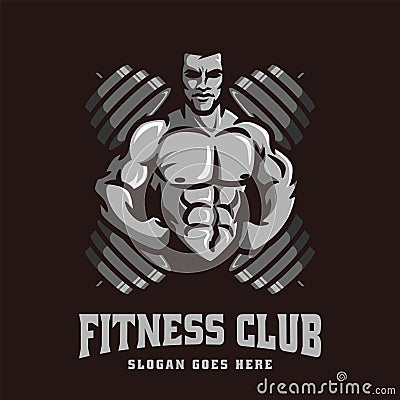 Logo vector template of gym Bodybuilder fitness theme, with muscle man character and barbell Vector Illustration