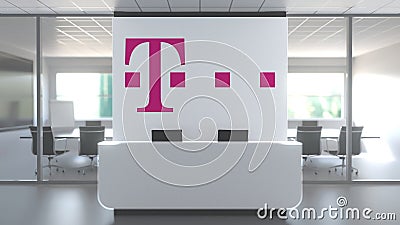 Logo of DEUTSCHE TELEKOM AG on a wall in the modern office, editorial conceptual 3D rendering Editorial Stock Photo