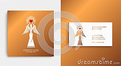 Logo of a woman with wings holding a heart in the hands with rays. Figurine for presentation, template of a beauty contest Stock Photo