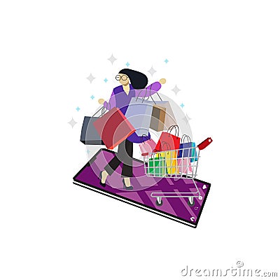 online Shopping. Woman happy shop on Smartphone on black friday shop Flat Vector Illustration Vector Illustration