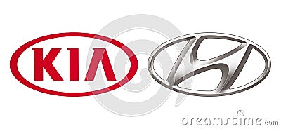 Logos of car manufacturers alliance: Kia Motors and Hyundai Editorial Stock Photo