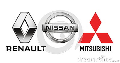 Logos of car manufacturers alliance: Renault, Nissan, Mitsubishi Editorial Stock Photo