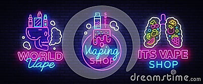 Logos collection electronic cigarette in neon style. Vape Shop Neon Signs set, Vape Shop Concepts, Emblem, Bright Night Vector Illustration