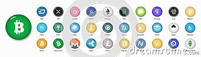 Logos of cryptocurrencies - Bitcoin, Ethereum, Binance Coin, Cardano, XRP, Tether, Litecoin etc. Realistic 3D icons. Glossy Vector Illustration