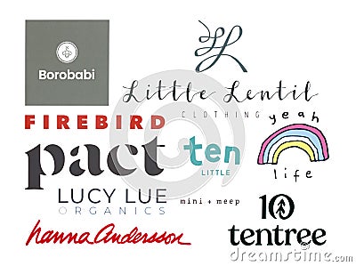 Logos Set of the Sustainable Kids Clothing Brands in 2022, such as: Lucy Lue Organics, Mini Mate, Tentree and others Editorial Stock Photo