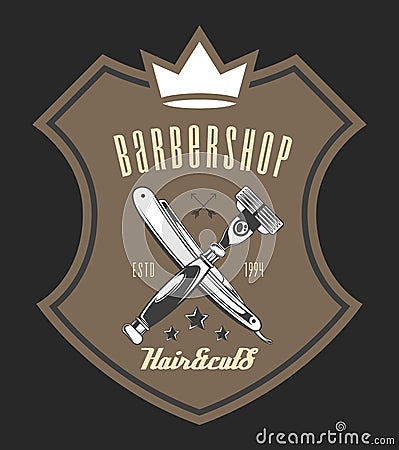 Logotype for barbershop in the form of badge or label. Barber shop logo, emblem with crossed razors Vector Illustration