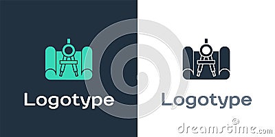 Logotype Graphing paper for engineering and drawing compass icon isolated on white background. Logo design template Vector Illustration