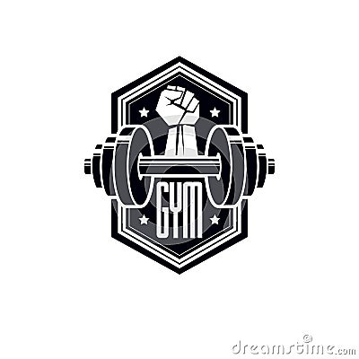 Logotype for heavyweight gym or fitness sport gymnasium, vintage style vector emblem. Vector Illustration