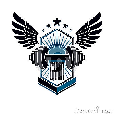 Logotype for heavyweight gym or fitness sport gymnasium, winged retro stylized vector emblem or badge Vector Illustration