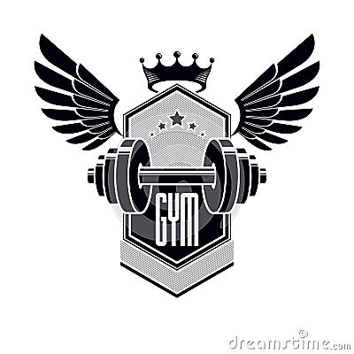 Logotype for heavyweight gym or fitness sport gymnasium, winged retro stylized vector emblem or badge Vector Illustration