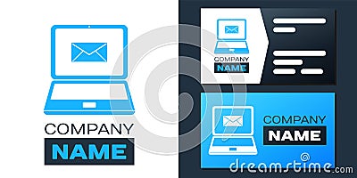 Logotype Laptop with envelope and open email on screen icon isolated on white background. Email marketing, internet Vector Illustration