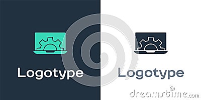 Logotype Laptop and gear icon isolated on white background. Adjusting app, setting options, maintenance, repair, fixing Vector Illustration