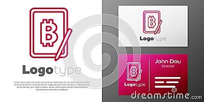 Logotype line Mining bitcoin from graphic tablet icon isolated on white background. Cryptocurrency mining, blockchain Vector Illustration