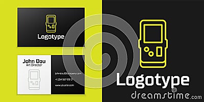 Logotype line Portable tetris electronic game icon isolated on black background. Vintage style pocket brick game Stock Photo