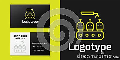 Logotype line Robotic arm assemble line mechanic manufacturing factory robot operator production icon isolated on black Vector Illustration