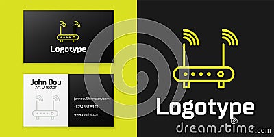 Logotype line Router and wi-fi signal symbol icon isolated on black background. Wireless ethernet modem router. Computer Vector Illustration
