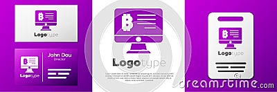 Logotype Mining bitcoin from monitor icon isolated on white background. Cryptocurrency mining, blockchain technology Vector Illustration